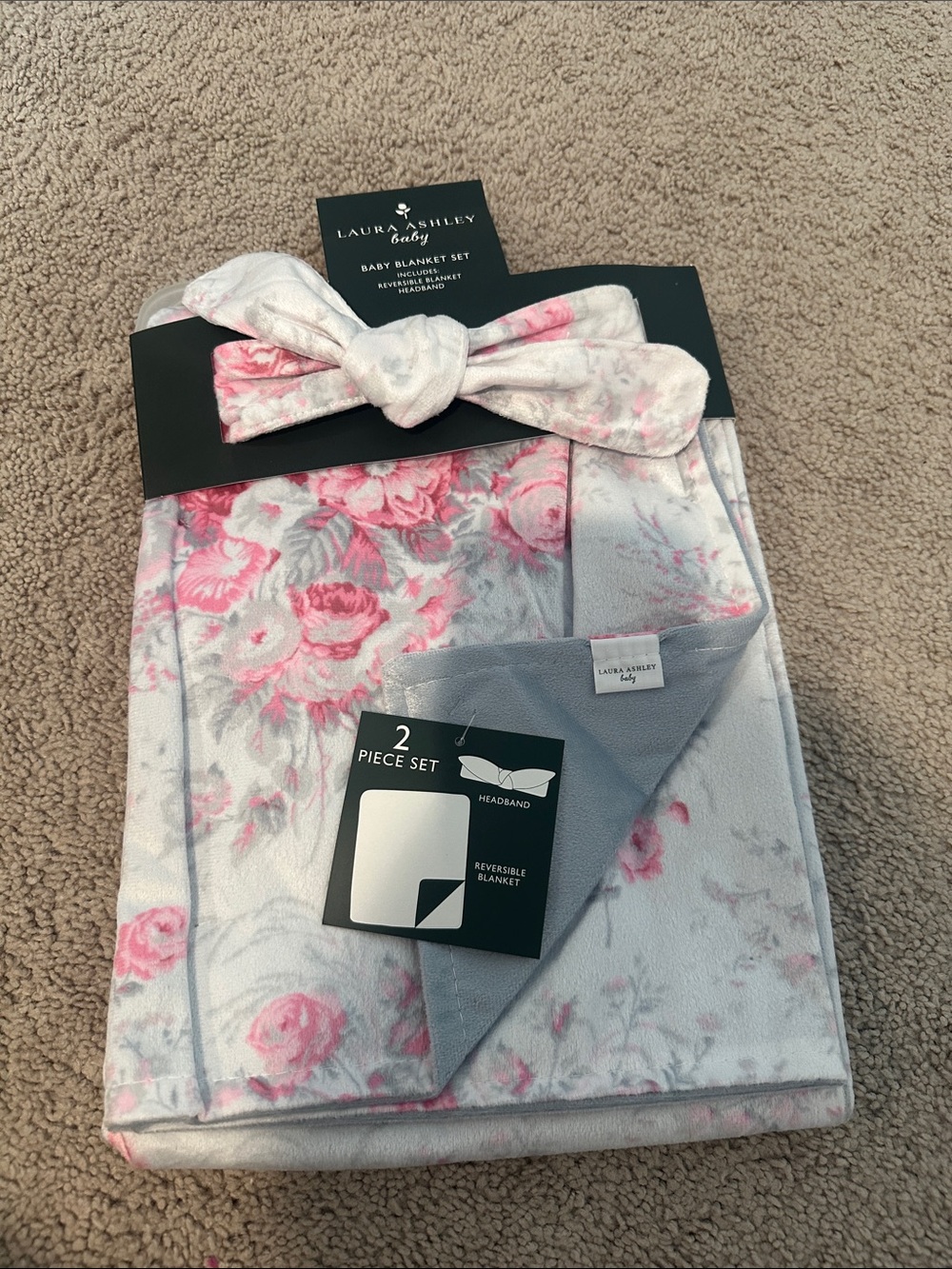 Laura Ashley Floral Baby Blanket & Headband Set - Pink & Gray